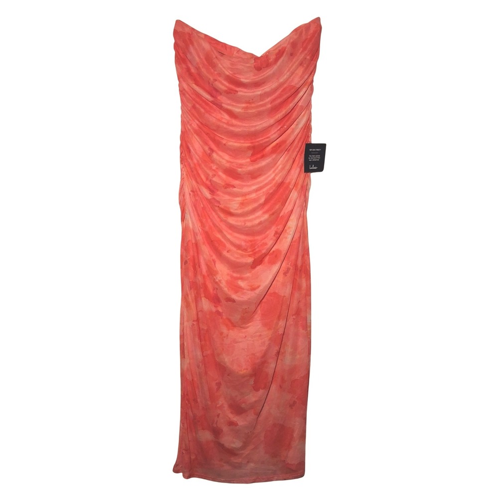 NWT Lulus Late Night Crush Orange Multi Mesh Ruched Strapless Midi Dress XL